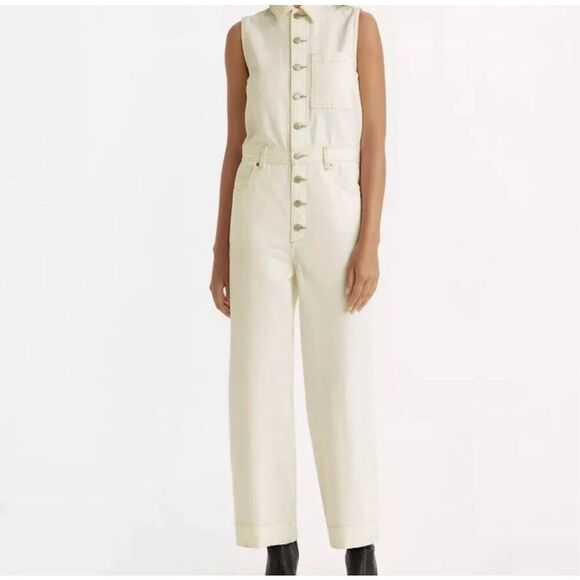 Levi Strauss & Co Women Extra Large Ivory Cream NWT Denim Sleeveless Button Jump - Picture 1 of 6